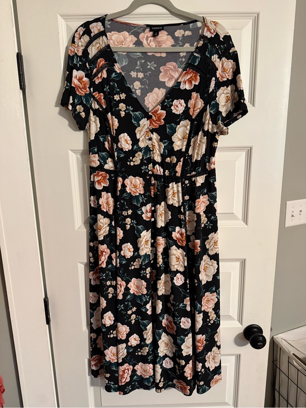 Torrid Black Floral V-Neck Midi Dress with Blush and Cream Blooms